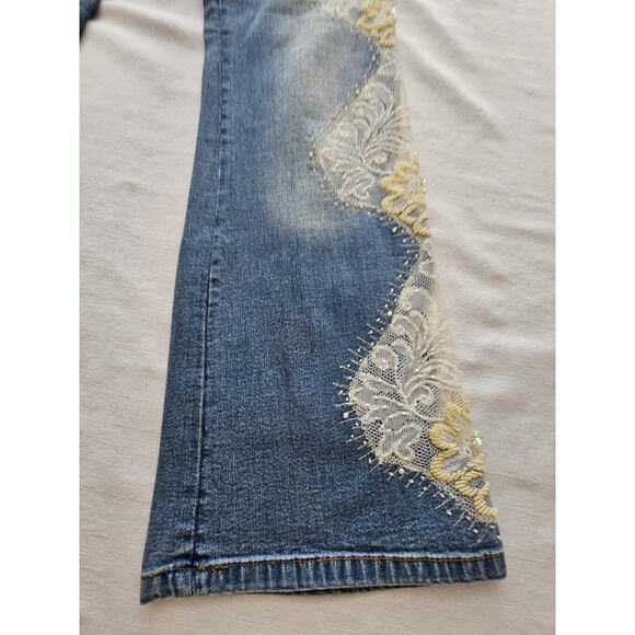 Sassy Thai Jeans Womens Embellished Beads Flowers Rhinestones Mid Rise 10 Flare - Picture 4 of 14